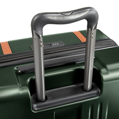 Close-up of the Ricardo Beverly Hills Montecito 2.0 dark green expandable hardside luggage with a telescopic handle.