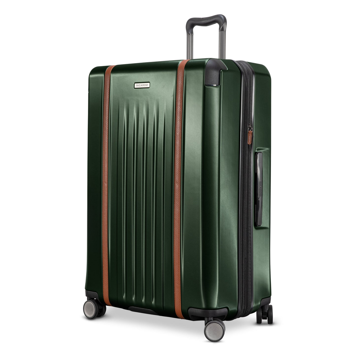 The Ricardo Beverly Hills Montecito 2.0 29" Hardside Spinner has four wheels, expandable storage, and brown accents.