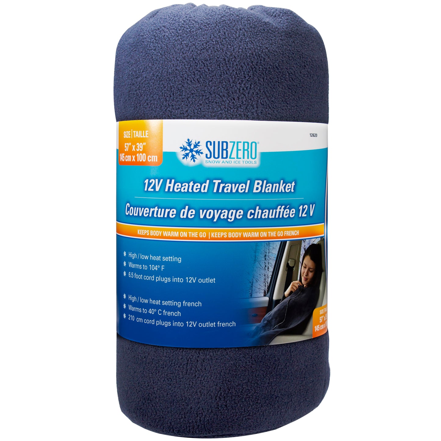 A rolled SubZero® 12V Heated Travel Blanket in dark blue with label and instructions visible.