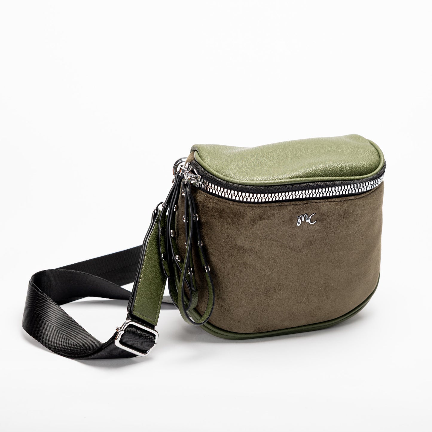 Miss Caprice Clara Crossbody: Olive green faux suede bag with black strap, silver zipper, and metal logo.