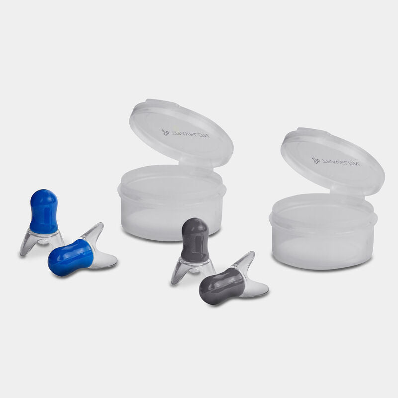 Travelon Pressure Reducing Earplugs - 2 Pairs, one blue, one grey each beside their round storage containers