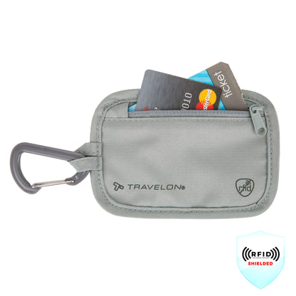 Travelon RFID Blocking Clip Stash Pouch—gray, zippered, with carabiner; holds cards and works as a belt wallet.