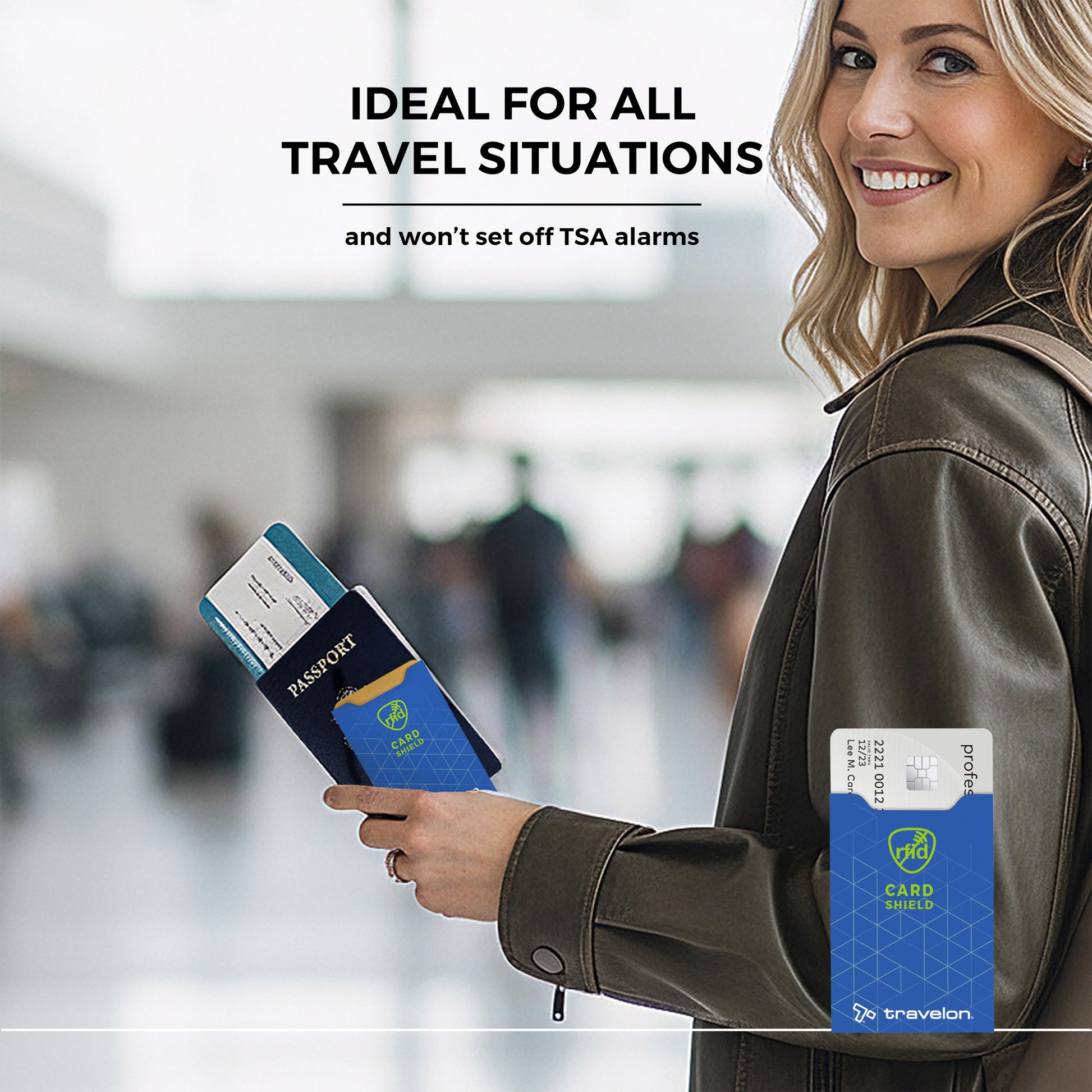 Smiling woman at airport with a passport, boarding pass, and Travelon RFID Blocking Card Sleeve in hand.