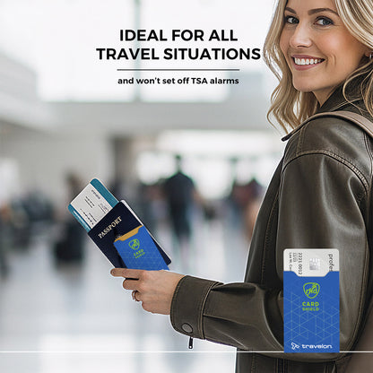 Smiling woman at airport with a passport, boarding pass, and Travelon RFID Blocking Card Sleeve in hand.