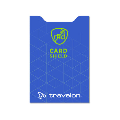 Travelon Set of 10 RFID Blocking Card Sleeves shields cards with style and the Travelon logo on white.