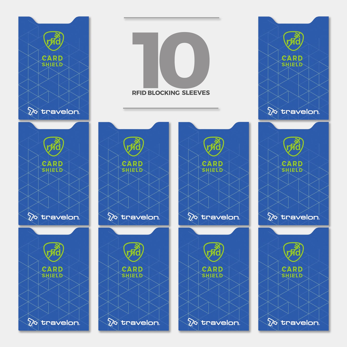 Ten Travelon RFID Blocking Card Sleeves in a grid, “Travelon Set of 10 RFID Blocking Card Sleeves” above them.