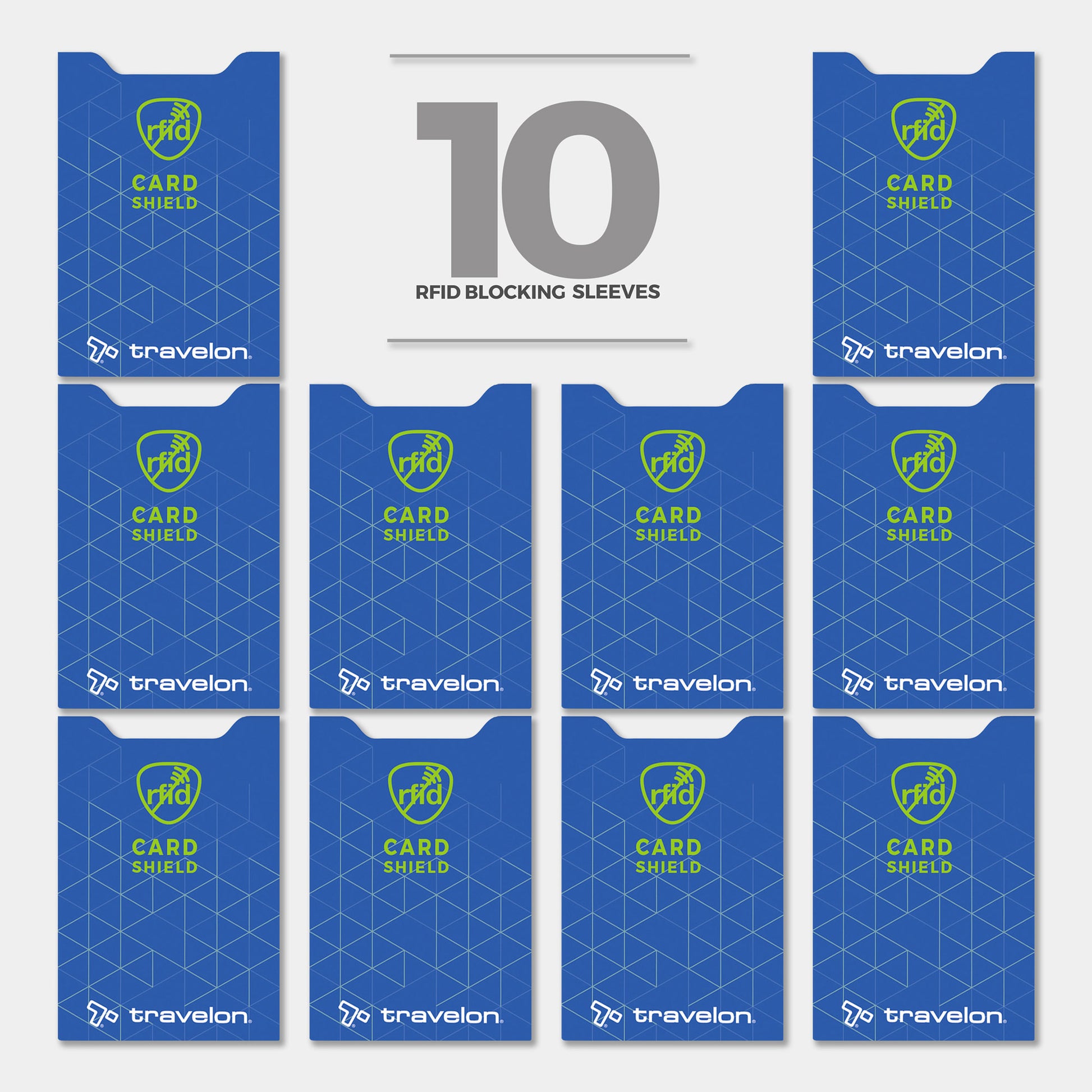 Ten Travelon RFID Blocking Card Sleeves in a grid, “Travelon Set of 10 RFID Blocking Card Sleeves” above them.