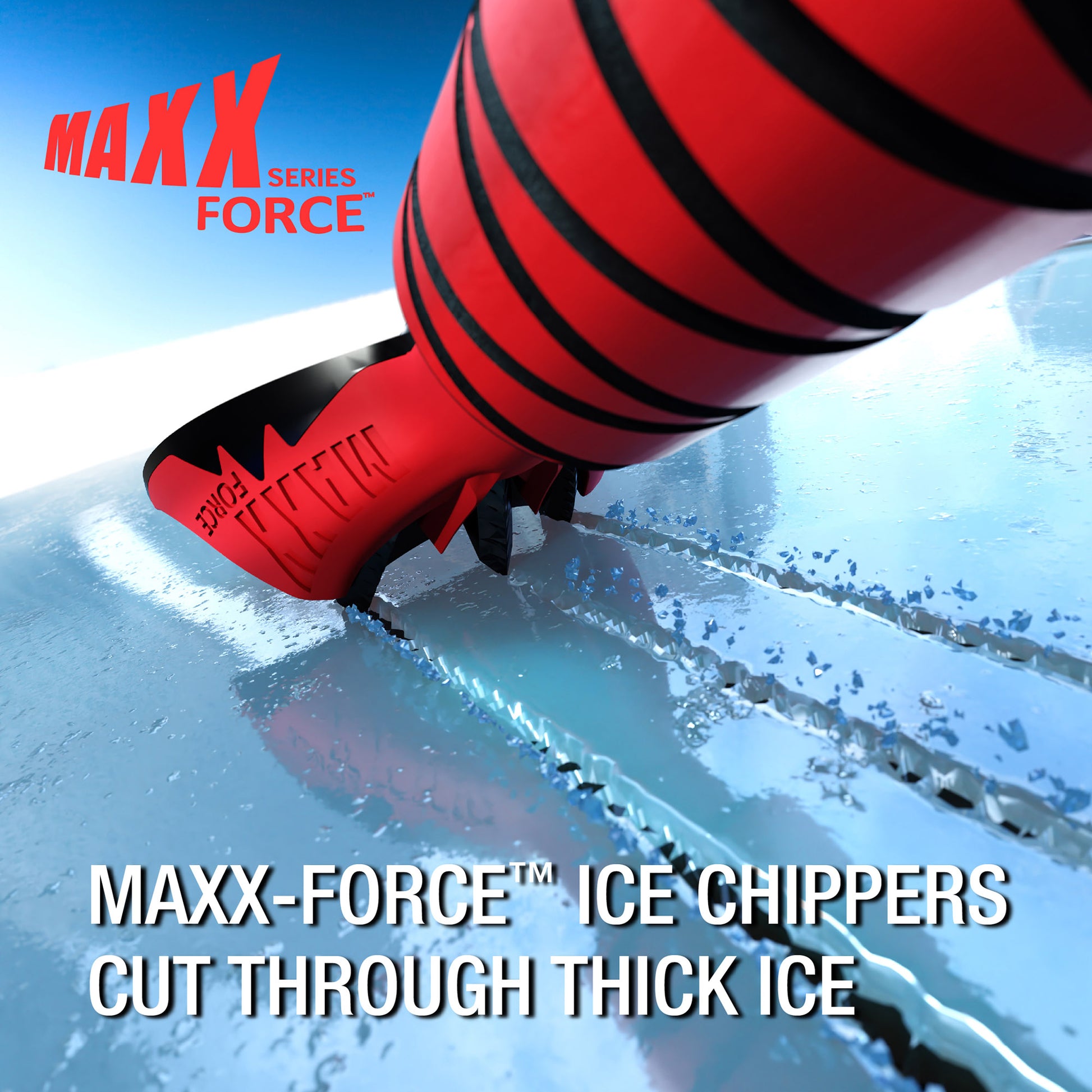 Close-up of the SubZero® MAXX-Force™ 60-inch Snowbroom cutting through thick ice on a windshield.