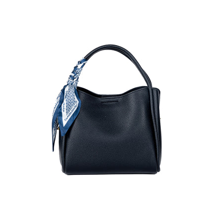 Miss Caprice Abby Tote: Black with a blue scarf, featuring a roomy interior and three compartments.