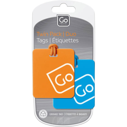 Close up of blue/orange Go Travel Luggage Tags Twin Pack inside packaging.