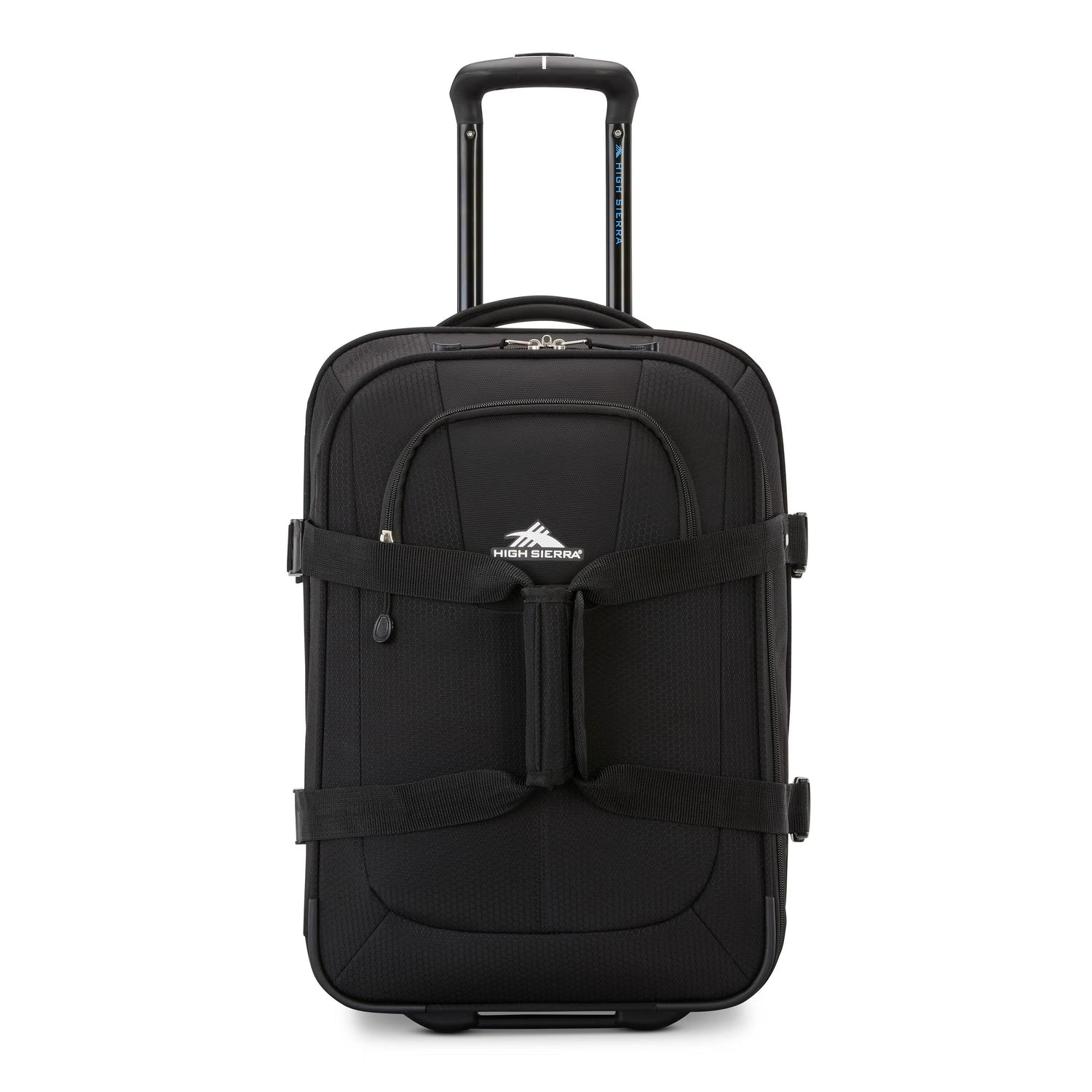High Sierra Pendall Carry-on Wheeled Duffle with front zip pocket and smooth-rolling wheels, handle extended.