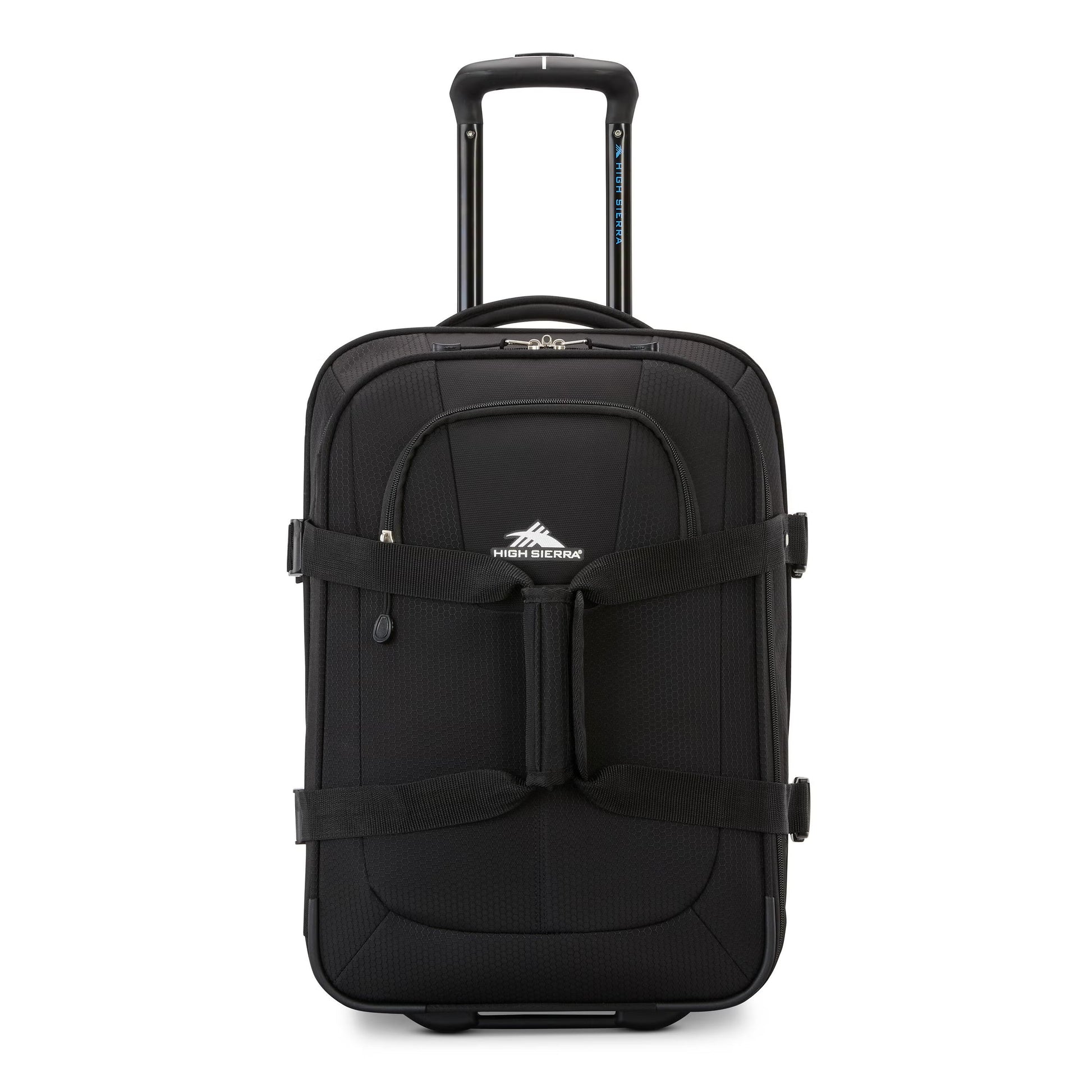 High Sierra Pendall Carry-on Wheeled Duffle with front zip pocket and smooth-rolling wheels, handle extended.