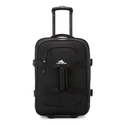 High Sierra Pendall Carry-on Wheeled Duffle with front zip pocket and smooth-rolling wheels, handle extended.