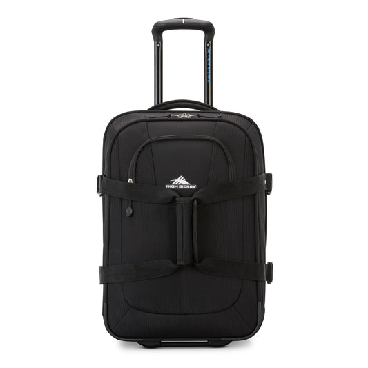 Product Image – High Sierra Pendall Carry-on Wheeled Duffle with front zip pocket and smooth-rolling wheels, handle extended.