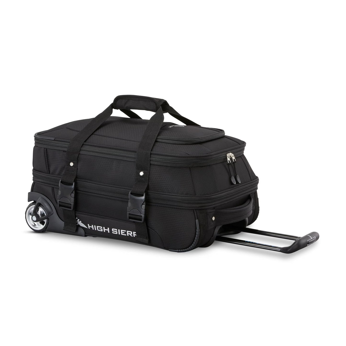 High Sierra Pendall Carry-on Wheeled Duffle features two handles, zippered compartments, and a pull handle.
