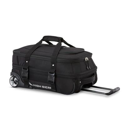High Sierra Pendall Carry-on Wheeled Duffle features two handles, zippered compartments, and a pull handle.