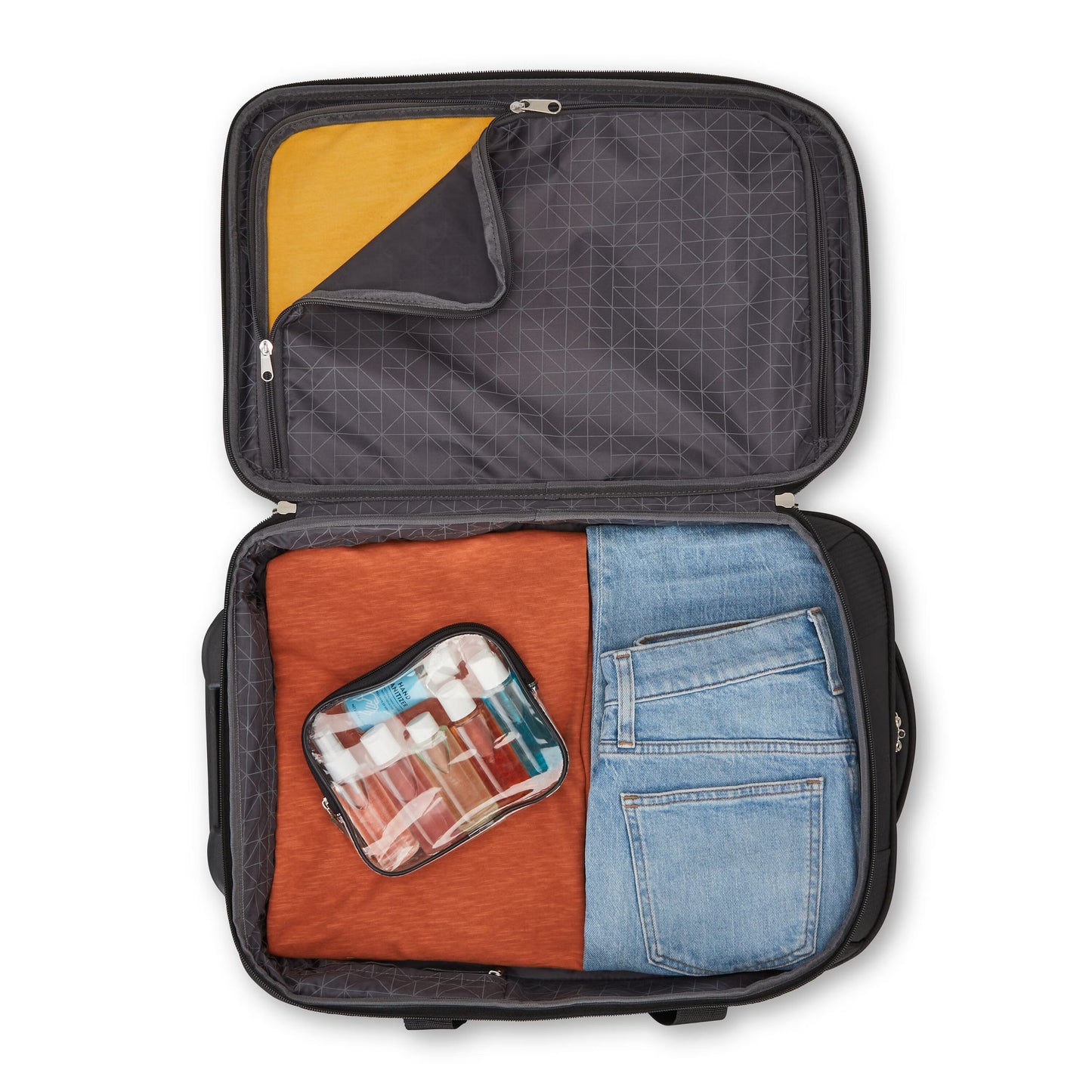 Open High Sierra Pendall Carry-on Wheeled Duffle with folded clothes and clear toiletry bag for organized packing.