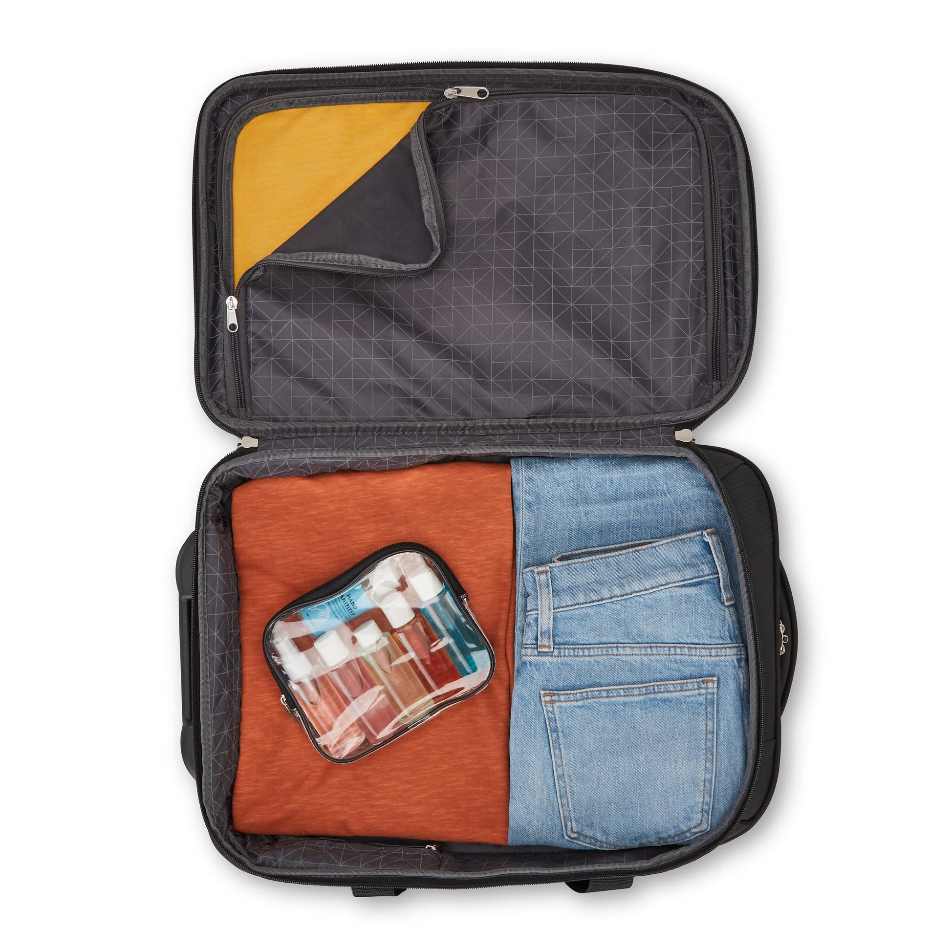 Open High Sierra Pendall Carry-on Wheeled Duffle with folded clothes and clear toiletry bag for organized packing.