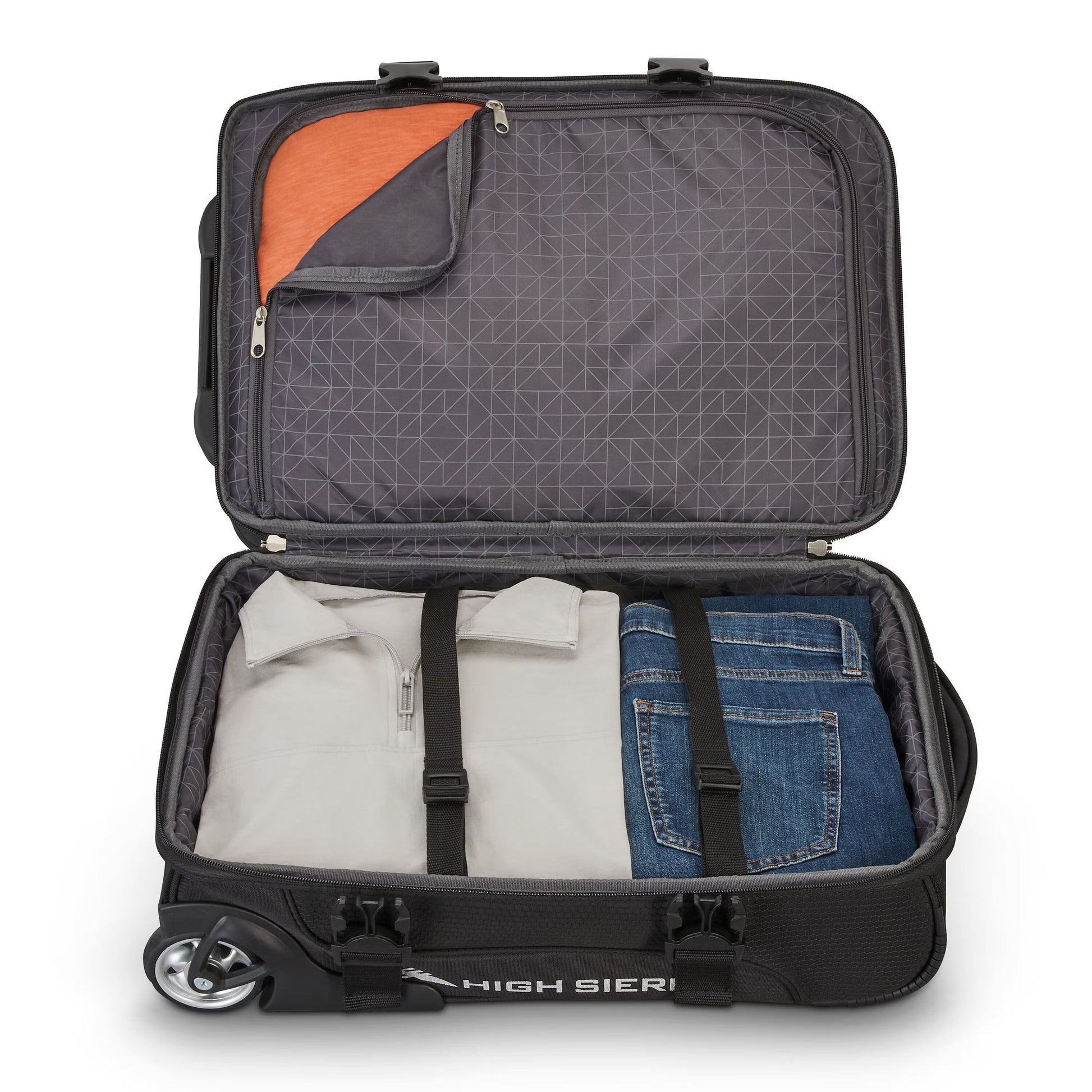 High Sierra Pendall Carry-on Wheeled Duffle features organized packing and an orange-lined lid pocket.
