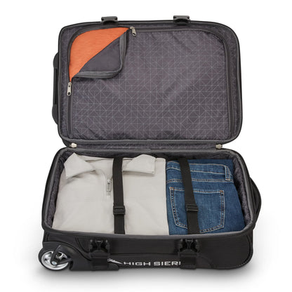 High Sierra Pendall Carry-on Wheeled Duffle features organized packing and an orange-lined lid pocket.