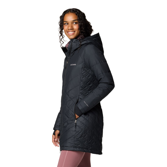 Product Image – Woman wearing Columbia Women's Heavenly™ Long Hooded Jacket in black, side view