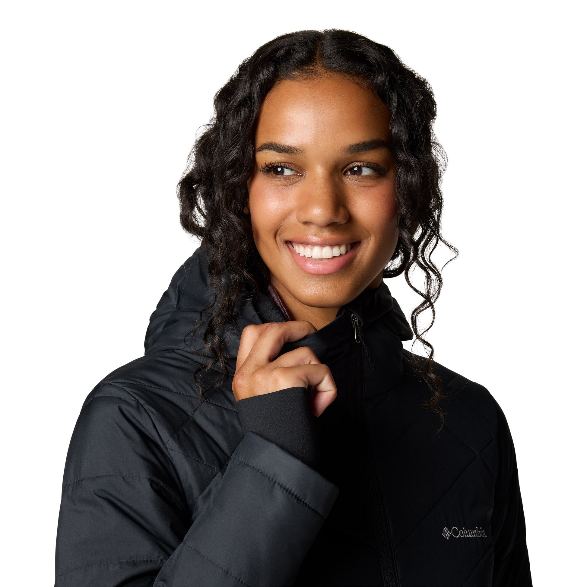 Top half of woman wearing Columbia Women's Heavenly™ Long Hooded Jacket in black, zipped up