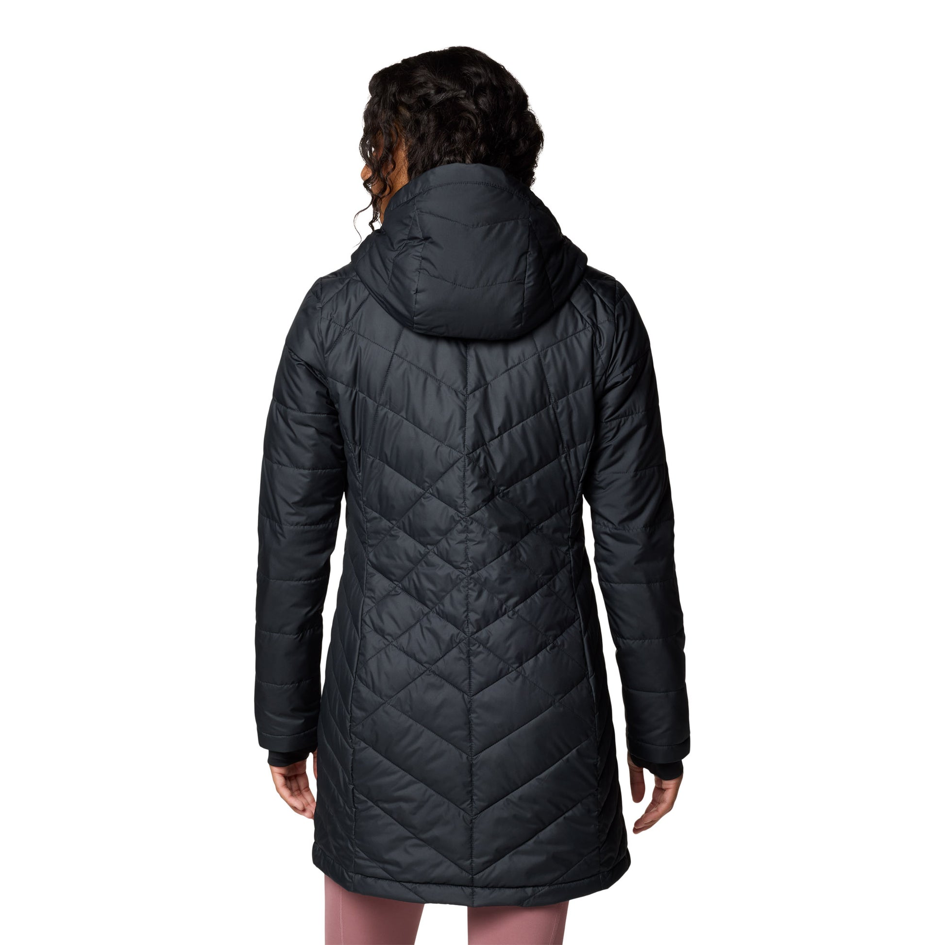 Woman wearing Columbia Women's Heavenly™ Long Hooded Jacket in black, back view