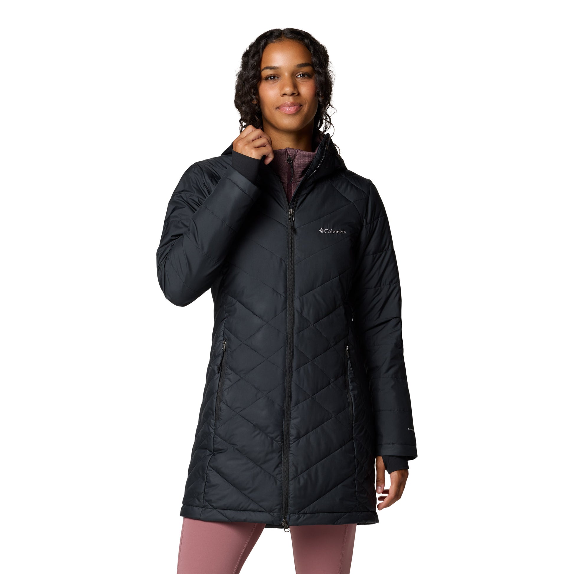 Woman wearing Columbia Women's Heavenly™ Long Hooded Jacket in black, front view