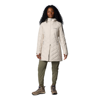 Woman wearing Columbia Women's Heavenly™ Long Hooded Jacket in dark stone, white colour, zipped up, front view