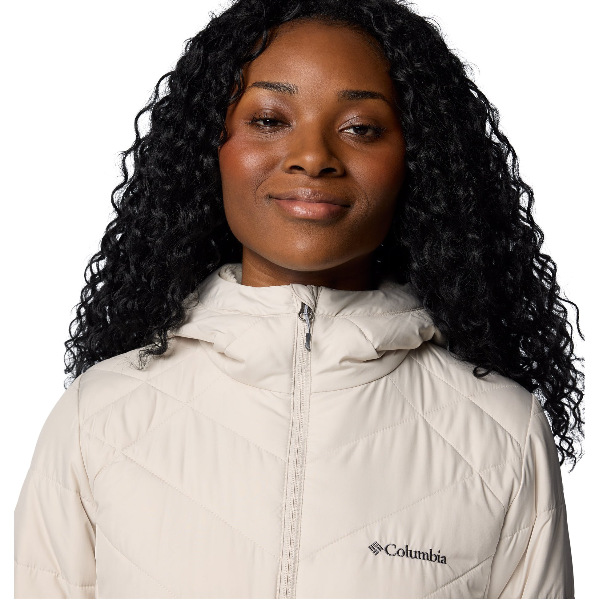 Top half of woman wearing Columbia Women's Heavenly™ Long Hooded Jacket in dark stone, white colour, zipped up