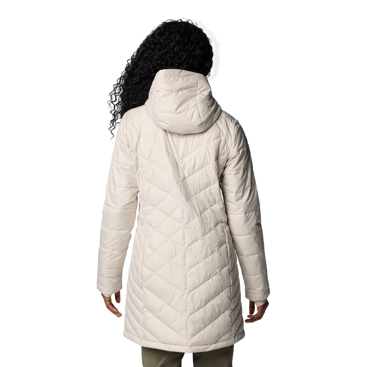 Woman wearing Columbia Women's Heavenly™ Long Hooded Jacket in dark stone, white colour, back view