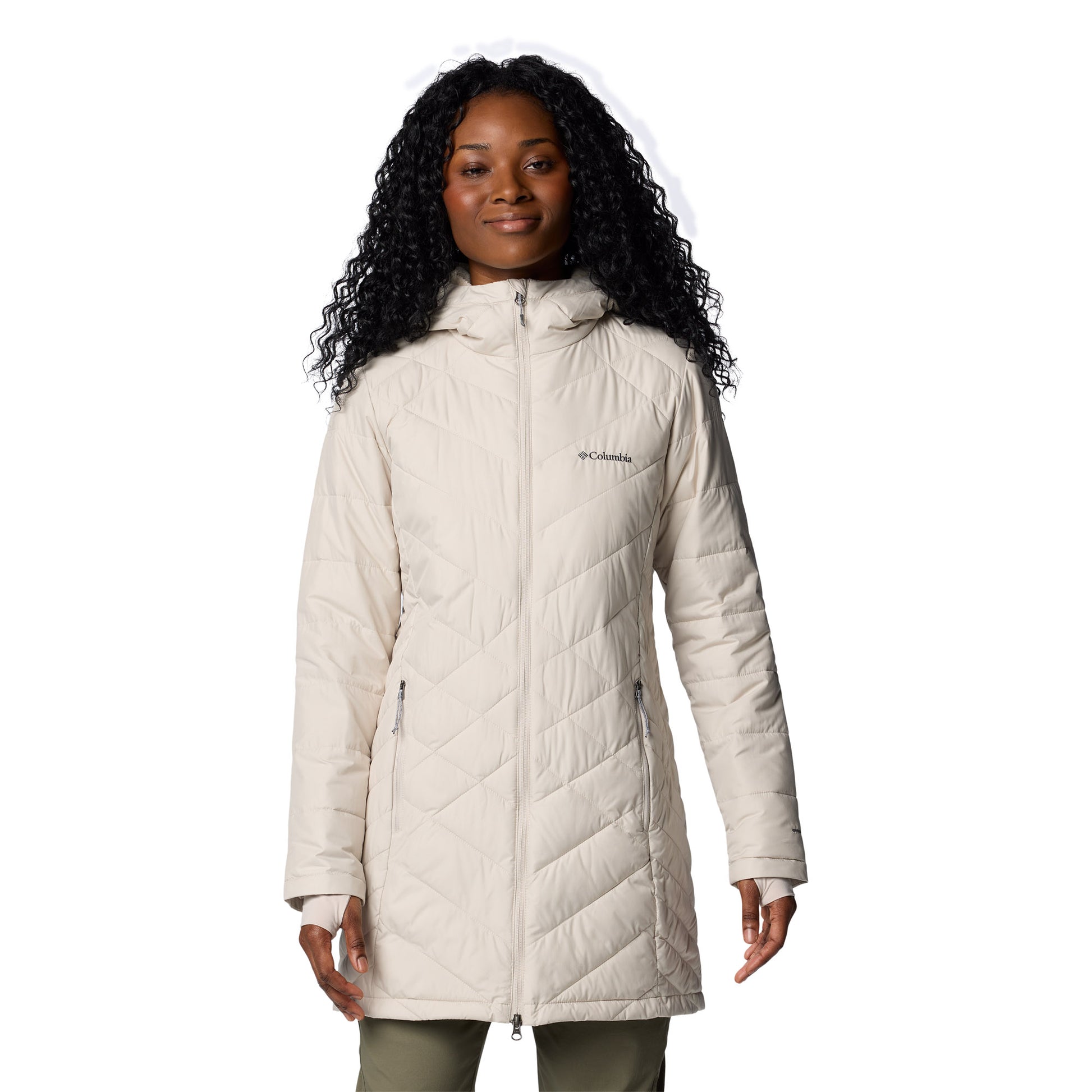 Woman wearing Columbia Women's Heavenly™ Long Hooded Jacket in dark stone, white colour, zipped up, front view