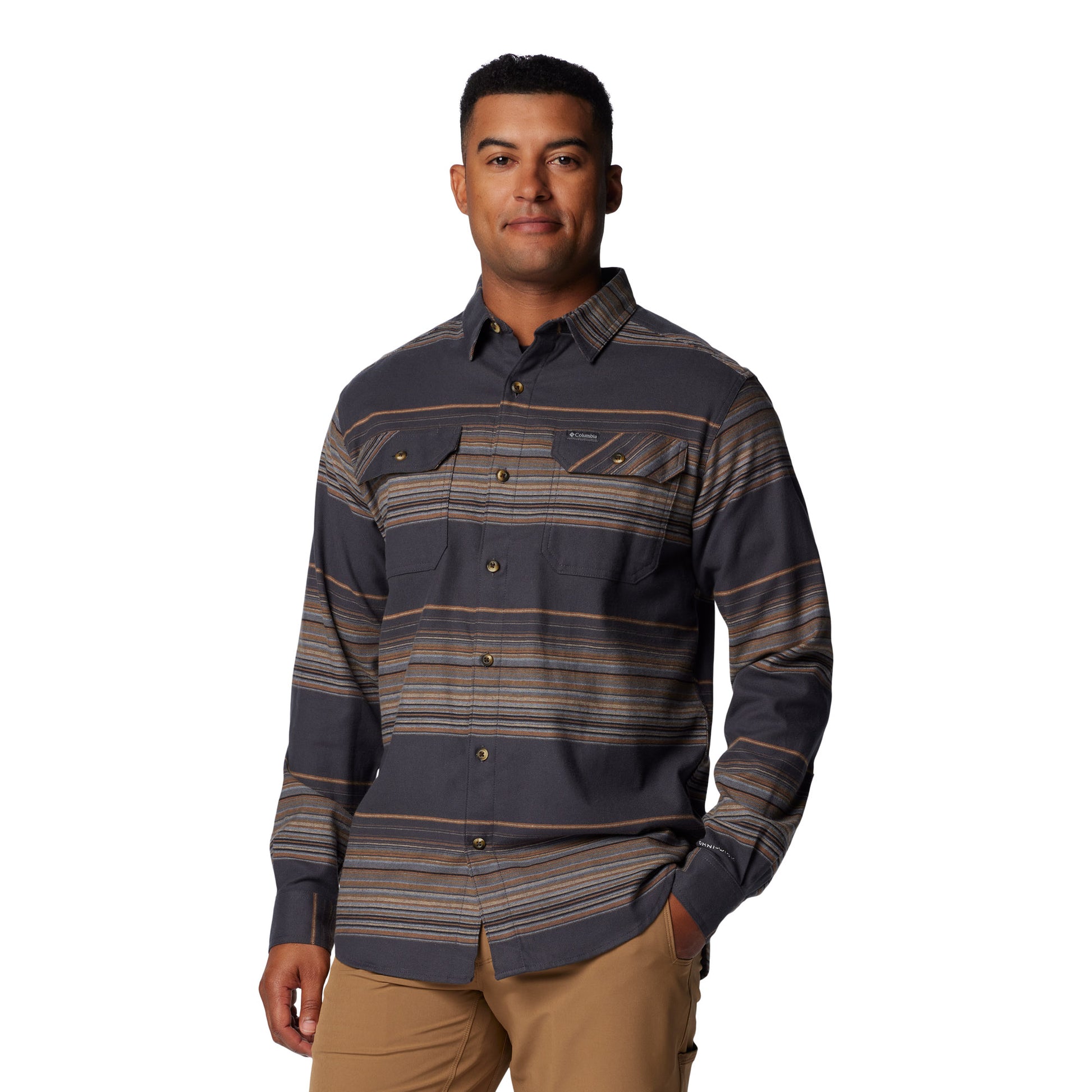 Man wearing Columbia Men's Flare Gun™ Stretch Flannel Shirt, shark lunar stripe, front view with one hand in pocket