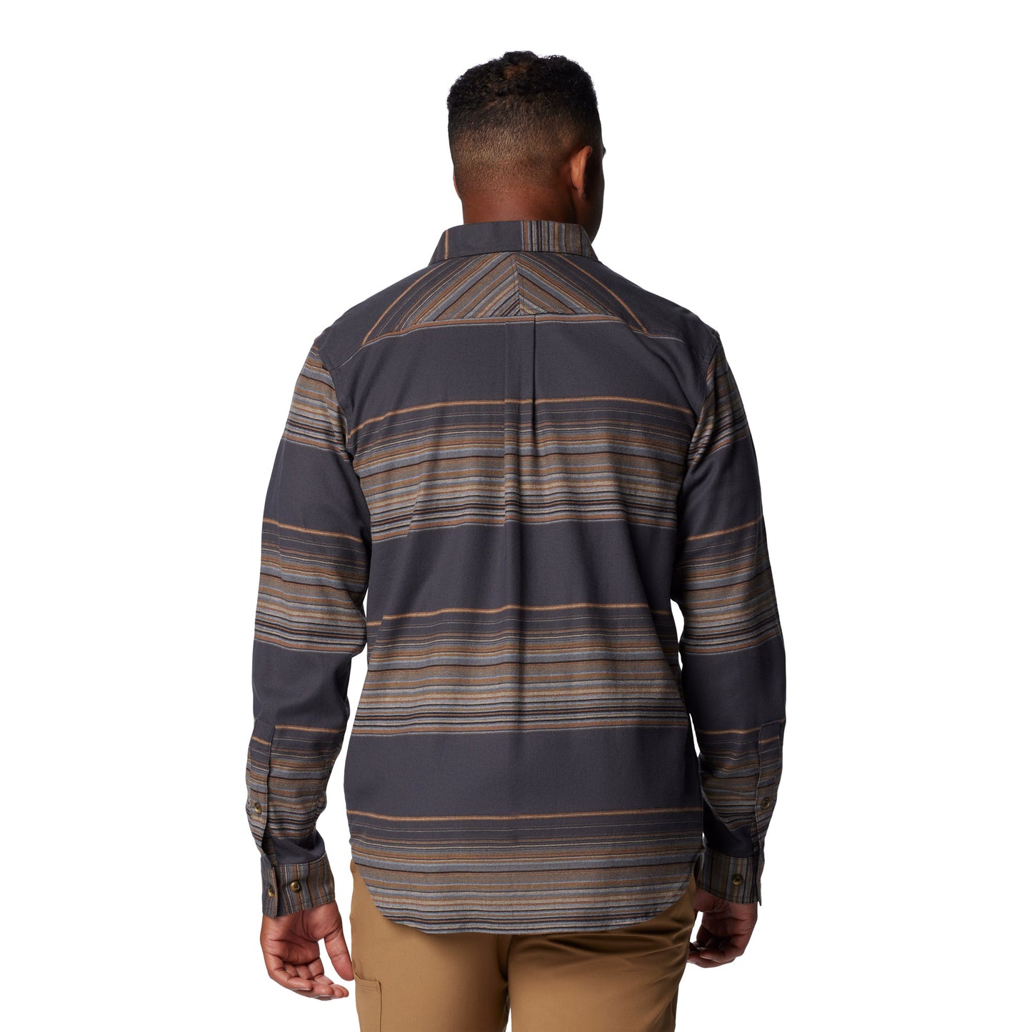 Man wearing Columbia Men's Flare Gun™ Stretch Flannel Shirt, shark lunar stripe, back view