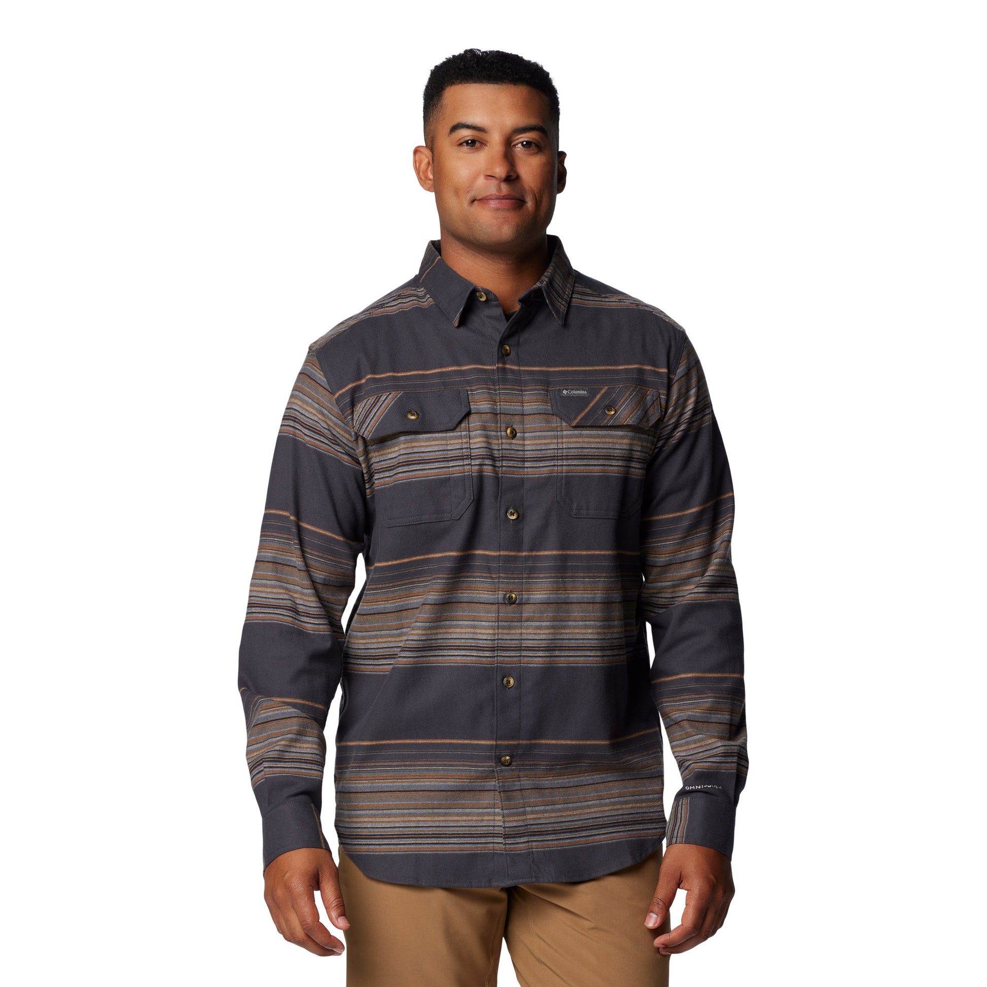 Man wearing Columbia Men's Flare Gun™ Stretch Flannel Shirt, shark lunar stripe, front view