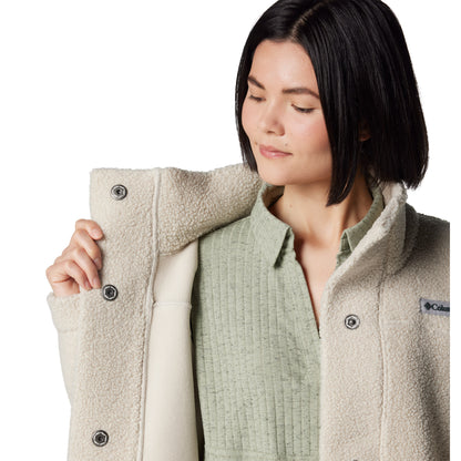 Top half of woman wearing Columbia Women's Panorama™ Long Jacket in dark stone colour, unbuttoned, holding one side open to show interior