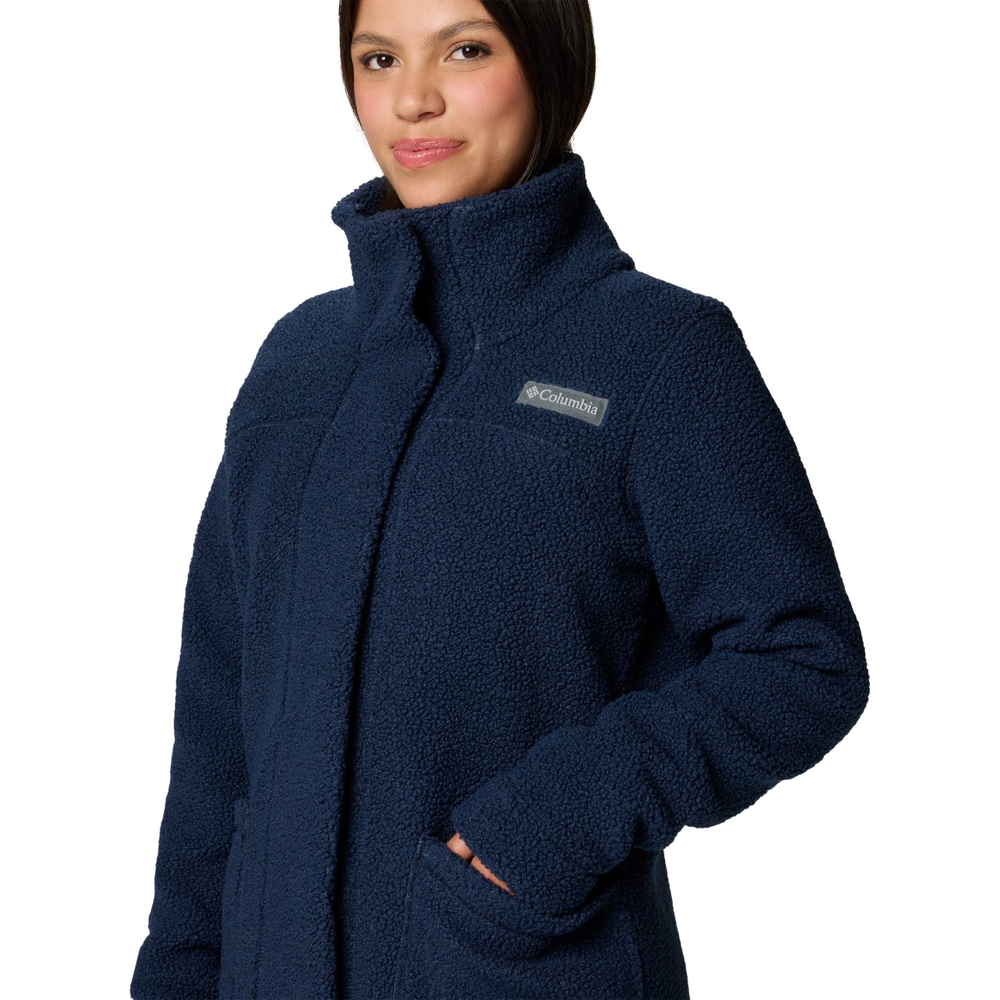 Top half of woman wearing Columbia Women's Panorama™ Long Jacket in collegiate navy blue, front view with one hand in pocket