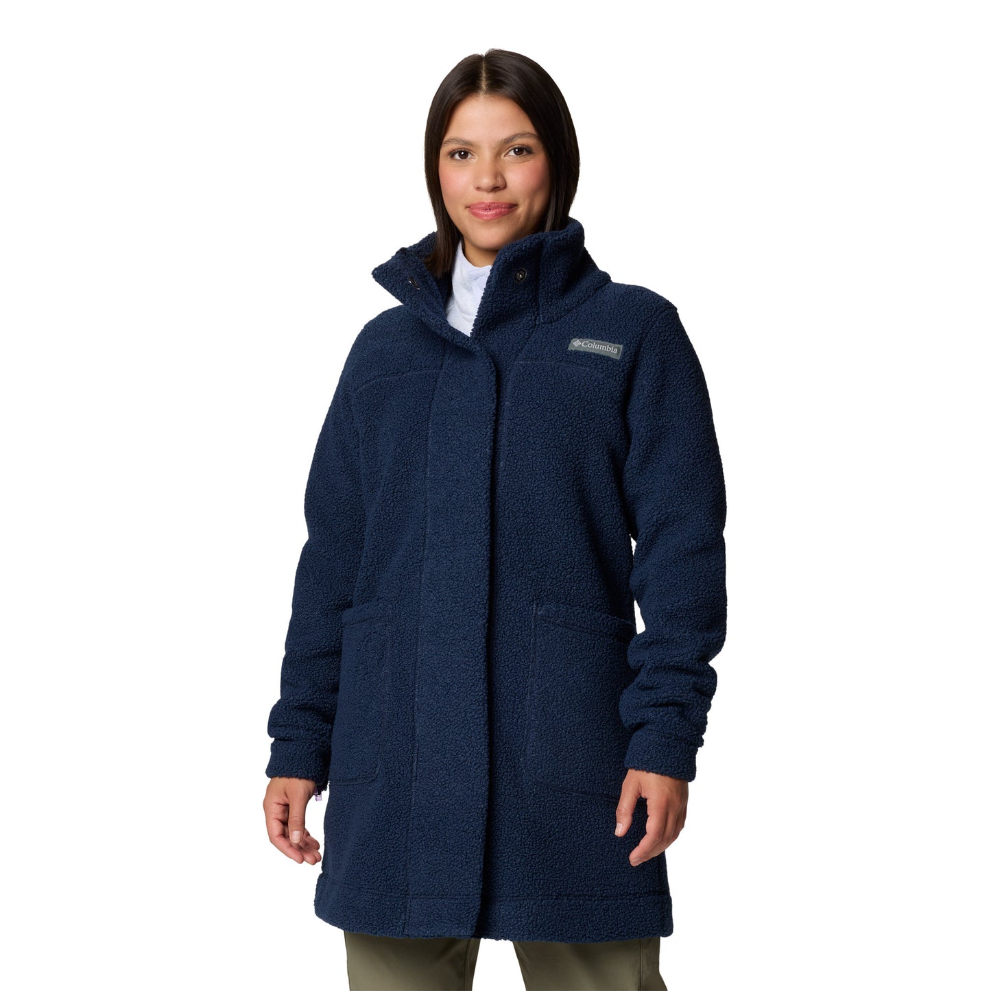 Woman wearing Columbia Women's Panorama™ Long Jacket in collegiate navy blue, front view