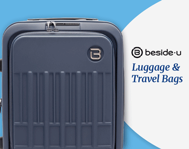 Gif of closed hard shell navy luggage, open luggage, and an inside pouch for travel items. Beside-u Luggage & Travel Bags.