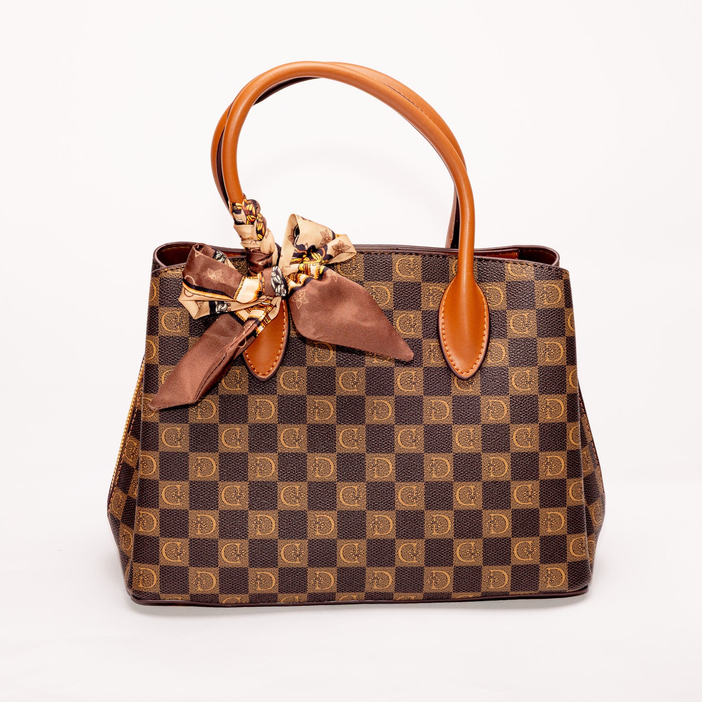 Miss Caprice Signature Satchel with scarf, tan handles, faux leather, and brown checkered design.