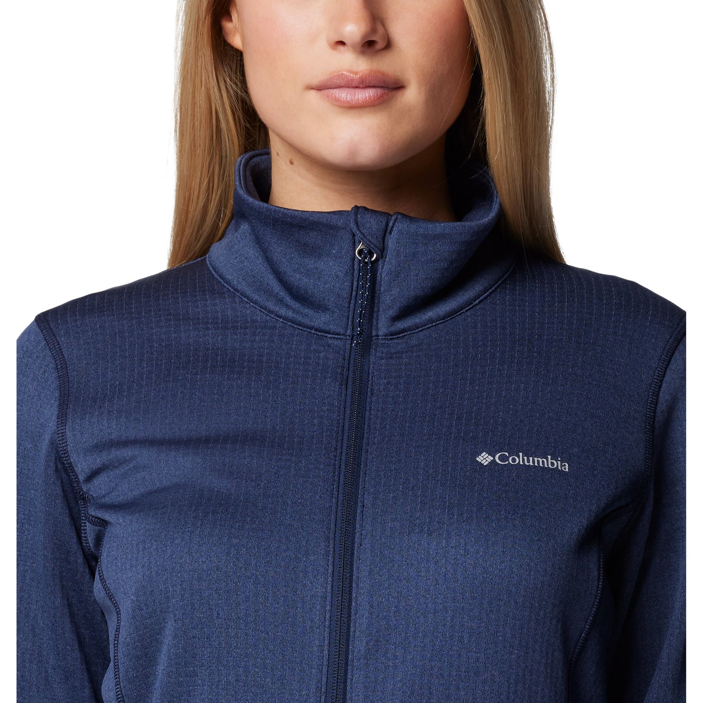 Top half of woman wearing Columbia Women's Park View™ Grid Full Zip Fleece Jacket in collegiate navy blue, zipped up