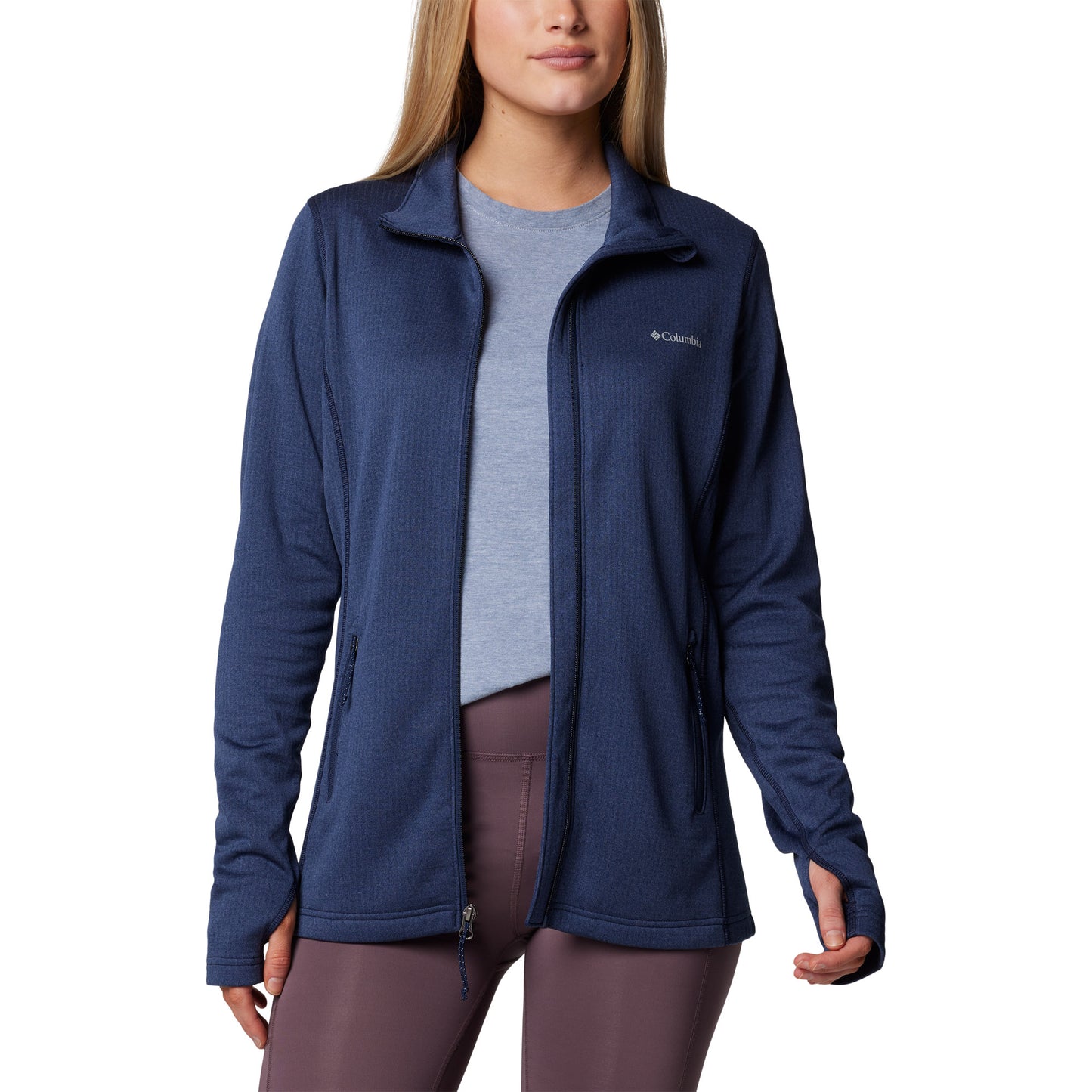 Woman wearing Columbia Women's Park View™ Grid Full Zip Fleece Jacket in collegiate navy blue, front view, unzipped