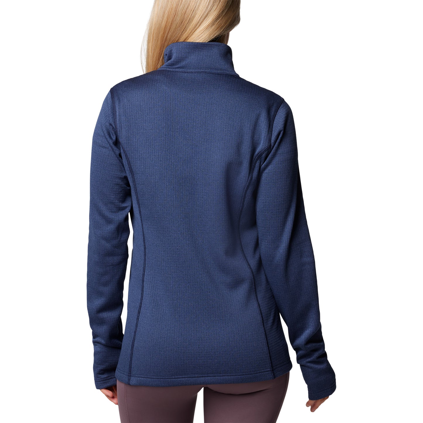 Woman wearing Columbia Women's Park View™ Grid Full Zip Fleece Jacket in collegiate navy blue, back view