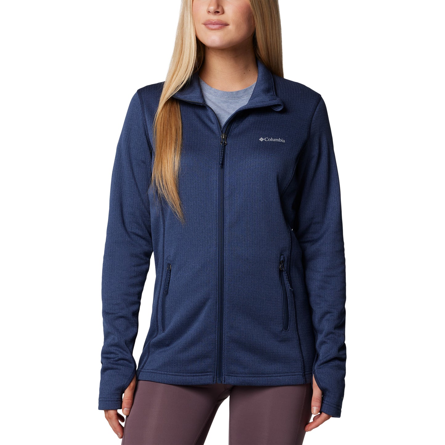 Woman wearing Columbia Women's Park View™ Grid Full Zip Fleece Jacket in collegiate navy blue, front view, zipped up