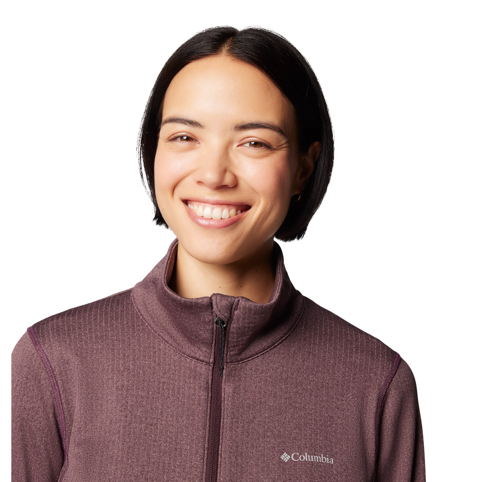 Top half of woman wearing Columbia Women's Park View™ Grid Full Zip Fleece Jacket in moonvista purple colour, zipped up