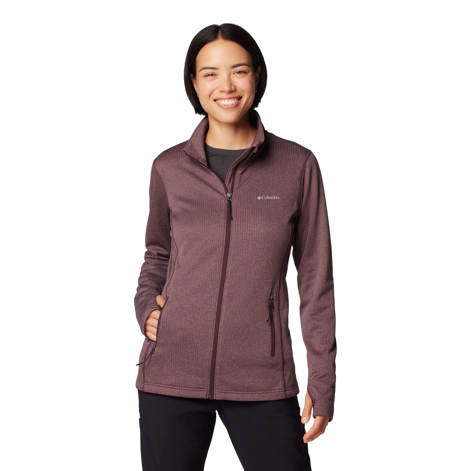 Woman wearing Columbia Women's Park View™ Grid Full Zip Fleece Jacket in moonvista purple colour, front view with one hand in pocket