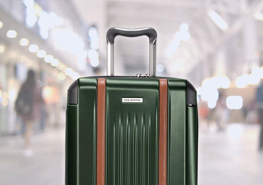 Gif of different luggage changing, soft shell navy blue, soft shell black and hard shell green with brown accent, with people busily walking around. 