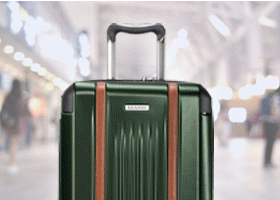 Gif of different luggage changing, soft shell navy blue, soft shell black and hard shell green with brown accent, with people busily walking around. 