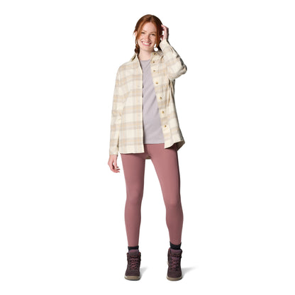 Woman wearing Columbia Women's Holly Hideaway™ Flannel Shirt in chalk buffalo tartan, front view, unbottoned