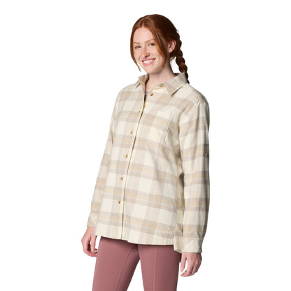 Woman wearing Columbia Women's Holly Hideaway™ Flannel Shirt in chalk buffalo tartan, front angled view